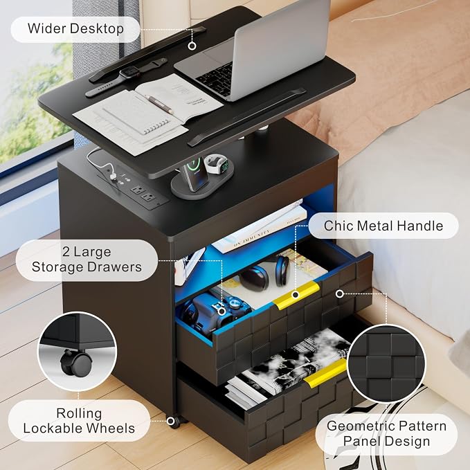Lareth Height Adjustable Nightstand with Charging Station, LED Bedside Table 2 Drawers, Smart Wooden End Table Dorm Rolling Side Table Laptop Workstaion with Wheels for Bedroom, Black - Image 6