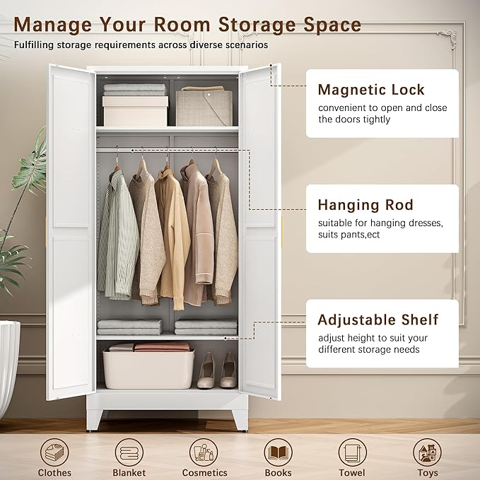 71" Tall Metal Armoire Wardrobe Closet, Clothing Storage Cabinet, Freestanding Wardrobe Cabinet with 2 Adjustable Shelves for Bedroom, Office, Garage