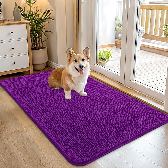 OLANLY Dog Door Mat for Muddy Paws 45x27, Absorbs Moisture and Dirt, Absorbent Non-Slip Washable Doormat, Quick Dry Chenille Mud Mat for Dogs, Entry Indoor Entryway Carpet for Inside Floor, Purple by OLANLY