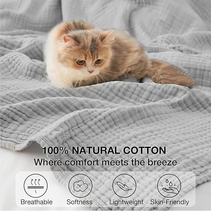 100% Cotton Muslin Blanket 40" x 40", Breathable and Lightweight Cotton Throw Blankets, Soft Cooling Summer Gauze Blanket for All Season, Light Grey