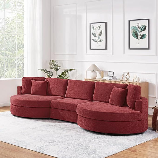 Merax 129 inches 3-Seater Curved Chenille Sofa, Modern Upholstered Living Room Couch with Thick Cushions, Includes 2 Throw Pillows, Easy Assembly, Red