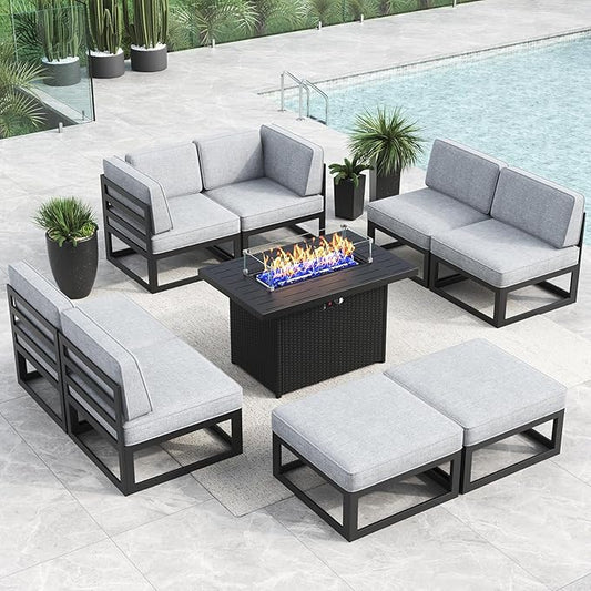 LayinSun Large Aluminum Patio Furniture Set with Fire Pit Table, 9 Pieces Modern Outdoor Conversation Set Sectional Metal Sofa Set with Olefin Cushion