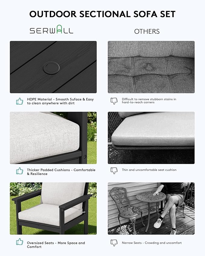 SERWALL HDPE Patio Furniture Set, 7-piece Outdoor Sectional Sofa Set, All Weather Outdoor Couch Set for Deck, Lawn, Black Frame with Khaki Cushion