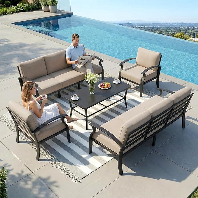 Aluminum Outdoor Patio Furniture Set,8 Seats Patio Conversation Sets with Rectangular Coffee Table,Metal Patio Sectional Furniture Set with 5.1" Thickened Cushions,Sand