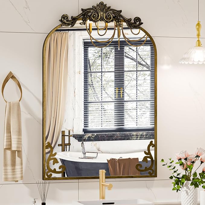 Koonmi Vintage Mirror, 30x40 Antique Decorative Mirrors with Flower Head, Bronze Ornate Mirror for Wall, Tempered Glass, Baroque Mirrors for Bathroom Living Room Fireplace Entryway - Image 2