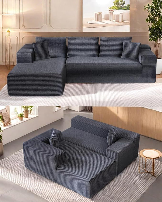 L-Shape Cloud Sectional Sofa, 104” Modern Modular Boneless Couch with Right Chaise Lounge, Compressed Floor Sofa with 5 Pillows & Deep Seat, Flannel Velvet Couch for Living Room, Dark Gray