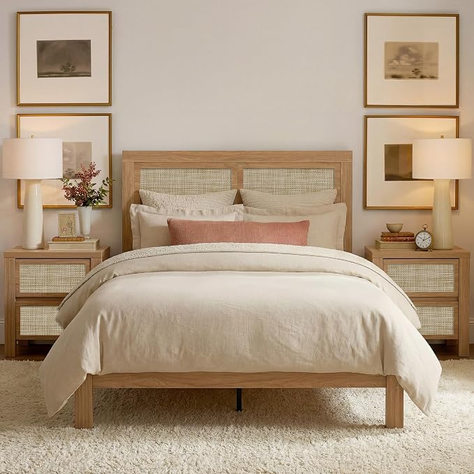 Yechen Nightstands Set of 2, Rattan Night Stand with Charging Station, Wooden Bedside Tables, Boho Rattan End Tables, Bed Side Tables, for Bedroom Living Room, Natural Walnut - Image 3
