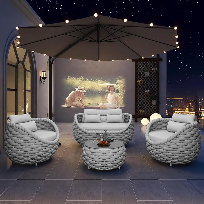 TWT 5 Pieces Patio Furniture Set, Outdoor Rope Conversation Sectional Patio Sofa with 5 Seater for Backyard, Porch, Modern Armchairs with Thickness Cushions and Side Table, Light Grey