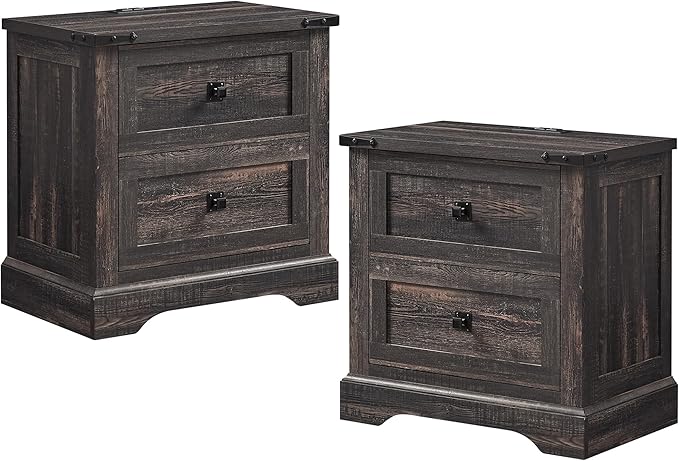 T4TREAM 24" Farmhouse Nightstand with Charging Station Set of 2, Large End Table with 2 Storage Drawers, Rustic Wood Sofa Bedside Table for Bedroom, Dark Rustic Oak by T4TREAMFurniture