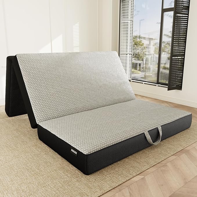 ROXGOX Memory Foam Trifold Mattress, Full Portable Floor Bed 6 Inch, Foldable Mat with Washable Cover, Handle & Non-Slip Bottom, for RV, Travel, Camping, Yoga, 73"x52"x6", Grey