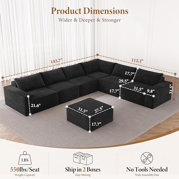 Vesgantti 143.7" Boneless Couch for Living Room, 6 Seater Modular Sectional Sofa with Ottoman & Deep Seat, Convertible Chenille Oversized Cloud Couches, No Assembly Required, Black