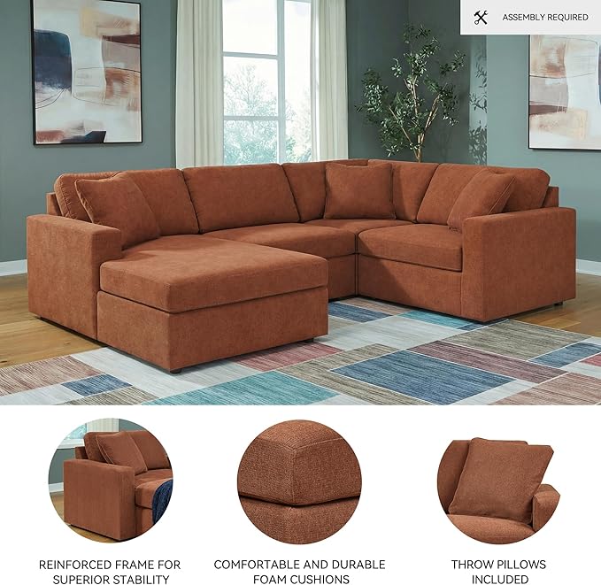 Signature Design by Ashley Casual Modmax Stain Resistant U-Shape Left-Arm Facing 4-Piece Sectional with Chaise and Reversible Cushion, Orange
