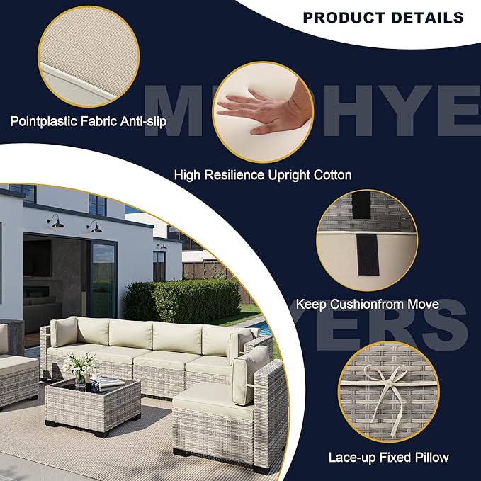13-Piece Outdoor Patio Furniture Set with Rocking Swivel Chair, Wicker Rattan Sectional Sofa Conversation Set with 55,000 BTU Fire Pit Table with Ottomans, Backyard Furniture, White