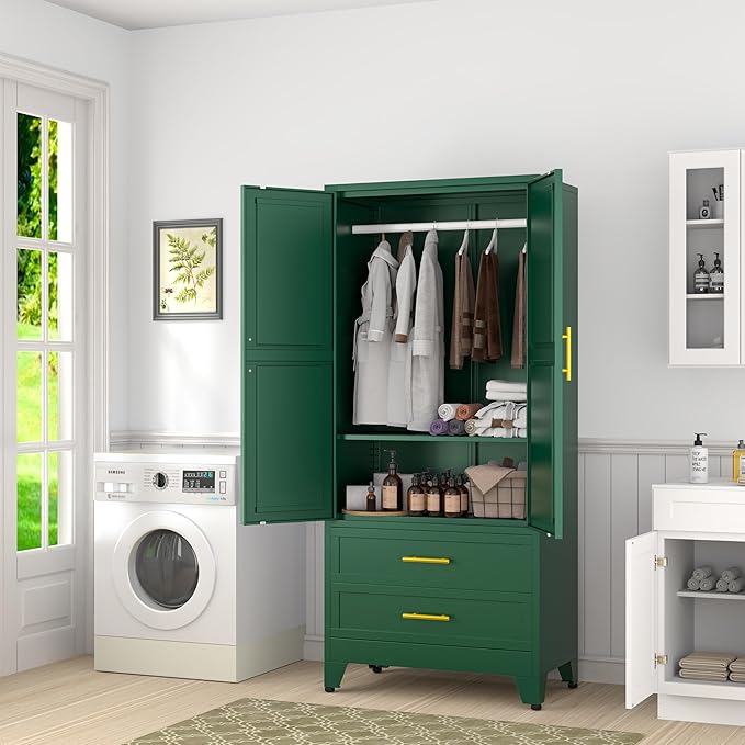 Metal Armoire Wardrobe Closet Storage Cabinet with Hanging Rod,71'' Metal Wardrobe Cabinet with 2 Drawers and Adjustable Shelf,2 Doors for Bedroom, Laundry Room, Cloak Room