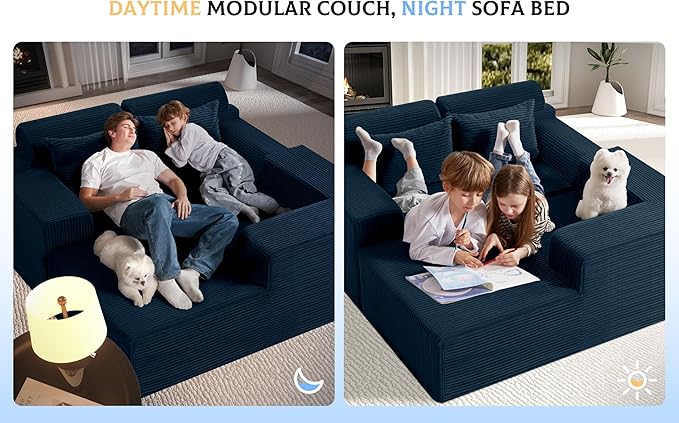Homguava Modular Sectional Couches for Living Room,105" Cloud Couch with L-Shape Chaise,Comfy Sofa Living Room Sofas with Deep Seat,No Assembly L Couch,Corduroy Fabric(Blue,R)