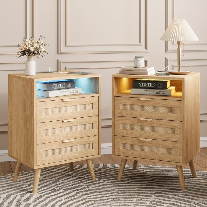Halitaa Rattan Nightstands Set of 2 with Charging Station and Led Lights and 3 Drawers, Boho Night Stand Set 2 with Open Storage, Rattan Bedside Table Side Table, End Tables for Bedroom, Light Wood by Halitaa