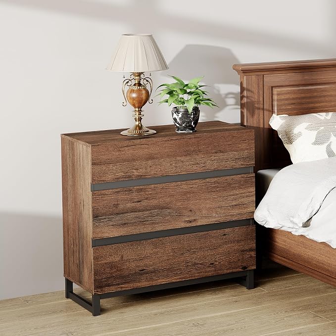 WAMPAT Nightstand with 3 Drawers for Bedroom, Modern Bedside Table with Black Square Metal Leg, Wood Rustic Side End Table, Brown - Image 3