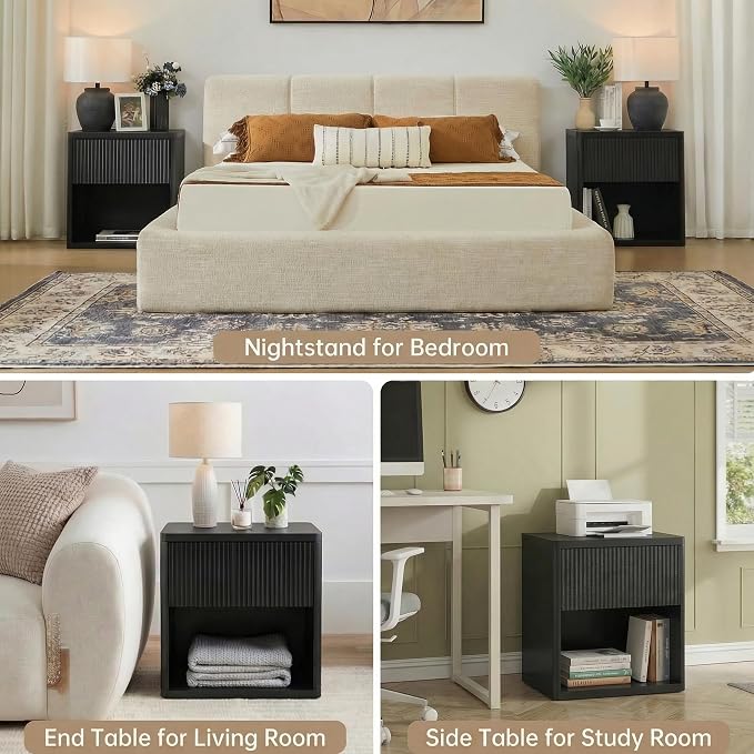 Yechen 23" W Black Fluted Nightstand with Hidden Drawer and Open Shelf, Lareg Mid Century Modern Bedside Table with Curved Profile, Wood Accent End Table for Bedroom - Image 5