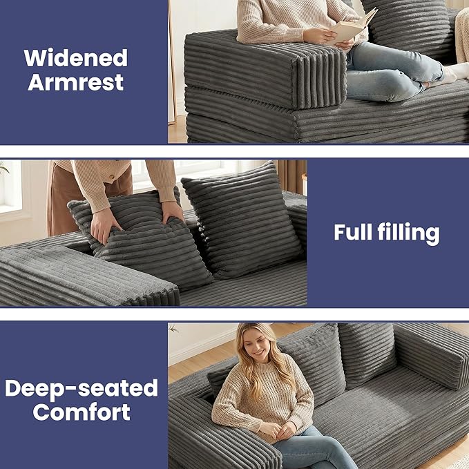 Convertible Sofa Bed, 4-in-1 Boneless Loveseat with Removable Armrests Backrest, Corduroy Futon Couch Bed with Pillow, Foldable Mattress Sleeper Sofa for Living Room Bedroom Small Place (Grey)