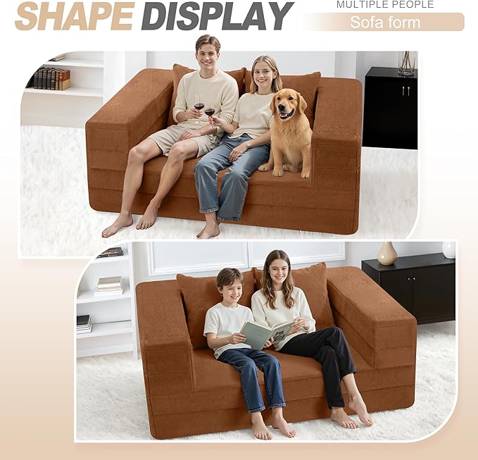 Futon Sofa Bed with Pillow, 3-in-1 Sleeper Sofa Bed with Removable Cover, Convertible Floor Sofa Bed, No Assembly Boneless Couch for Living Room, Bedroom