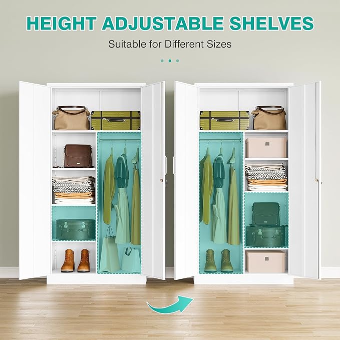 White Wardrobe Cabinet with Lock and Hanging Rod,72" Armoire Closet with Shelf,Lockable Storage Locker,Metal Storage Cabinet with Locking Doors,Steel Wardrobe for Home,Bedroom,Office,Employee,Shop