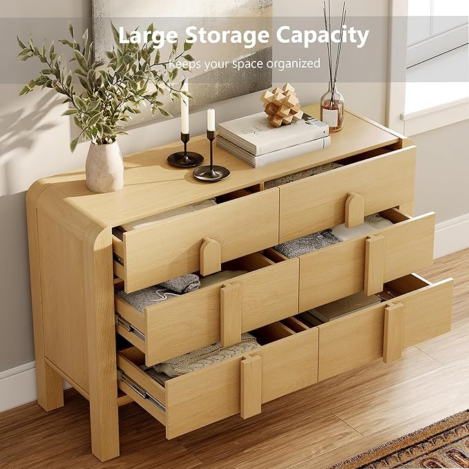WAMPAT Dresser and Nightstand Sets, 47.2" W Mid Century Modern Chest of Drawers, Wood 6 Drawer Dresser & Nightstand with Charging Station, Curved Profile Design (Oak, 2 PCS)