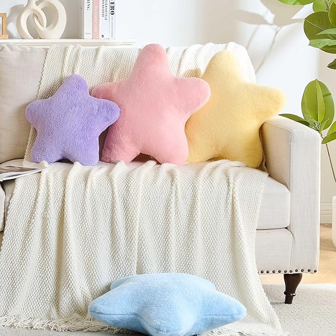 CANGHI Star Pillow 15.7" White Star Shaped Decorative Throw Pillow for Couch Bed Aesthetic Plush Floor Seating Cushions with Soft Faux Rabbit Fur for Sofa Bedroom Living Room