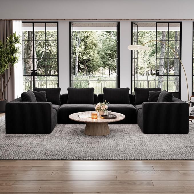 Avenco 141” 6-Seat Modular Sectional Sofa, Individually Wrapped Coil Support & Corduroy Fabric, Zero Assembly 6-Piece Set for Large Living Room, Black