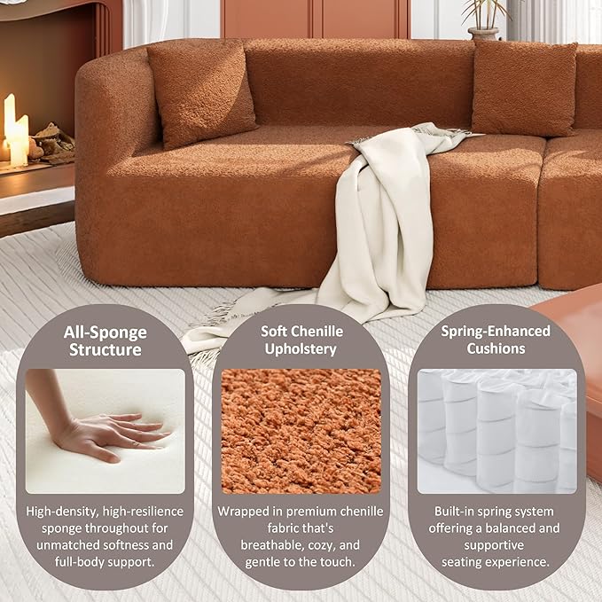 Merax Modern Minimalist Large 2-Piece Sectional Curved Chenille Sofa with 3 Pillows and High-Density Foam for Luxurious Comfort and Seamless, for Living Room, Bedroom, Orange