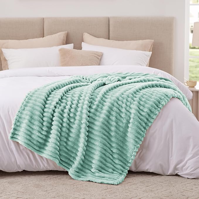 EXQ Home Fleece Throw Blanket for Couch or Bed - 3D Stripe Jacquard Decorative Blankets - Cozy Soft Lightweight Fuzzy Flannel Blanket Suitable for All Seasons(50"??60",Cyan-Blue)
