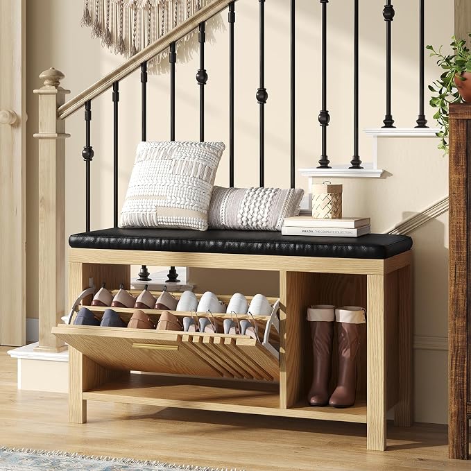 UNIQUITE 40" Shoe Storage Bench with Flip Drawers & Padded Seat Cushion, Open Compartments & Slatted Doors, Entryway Bench with Shoe Storage for Entryway, Hallway, Living Room, Bedroom, Natural - Image 7