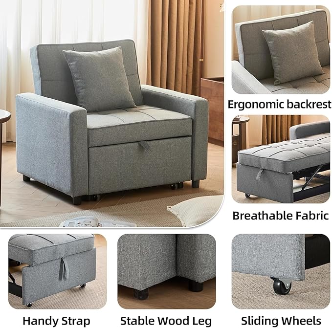 3-in-1 Convertible Sleeper Chair, Pullout Chair with Extra Pillow, Recliner Sofa Bed with 4 Adjustable Angles, Convertible Lazy Sofa Bed for Small Spaces Home Office, Light Gray