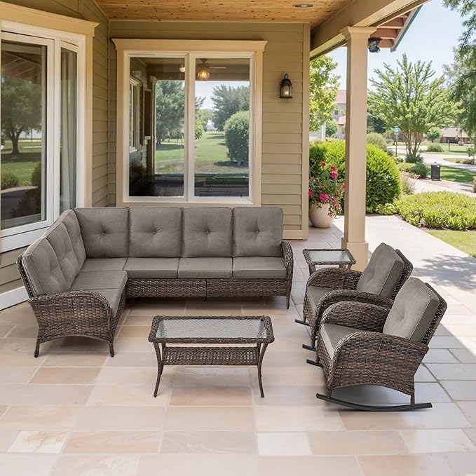 Belord Outdoor Furniture Set - 6 Pieces Patio Conversation Sectional Sofa Set with Patio Rocking Chairs Set of 2 and Wicker Coffee Table for Deck Backyard Sunroom Brown