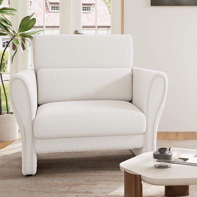 GarveeHome Boucle Sofa Upholstered Armchair for Living Room, Mid-Century Comfy Single Sofa for Bedroom, Office, White