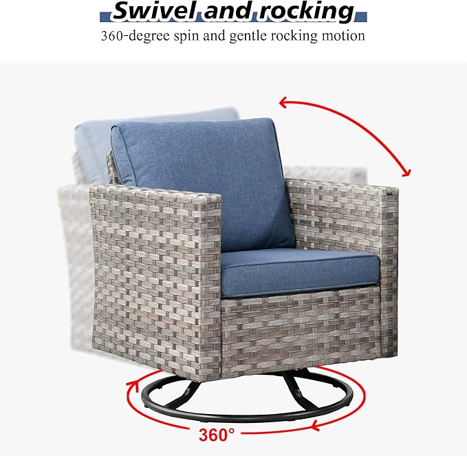 HOOOWOOO 9 Piece Modular Patio Outdoor Sectional Furniture Set with Gas Propane Fire Pit Table,Wicker Conversation Sofa Set with Swivel Chairs,Outside Couch Set(Denim Blue)