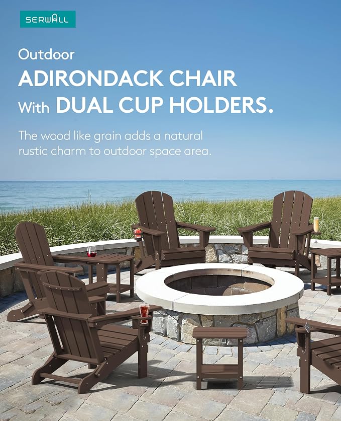 SERWALL Adirondack Chair with Cup Holders - Composite Adirondack Chairs HDPE Outdoor Chairs All Weather Use- Coffee - Image 6