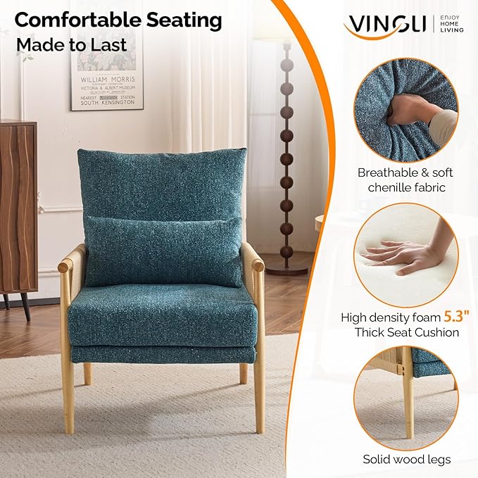 VINGLI Boho Braid Accent Armchair,Mid-Century Modern Chiar with Solid Wooden Armrest,Comfy Louge Cushion Chair with Waist Pillow for Bedroom,Living Room,Reading Room, Teal