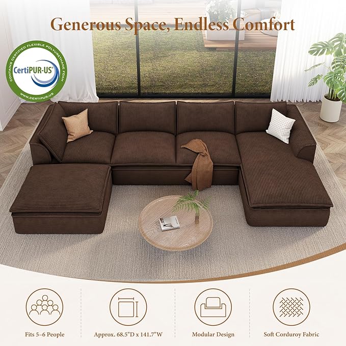 Vesgantti 141.7" U Shaped Boneless Sectional Couch, Modern 6 Seater Modular Sofa with Chaise & Ottoman, Deep Seat Corduroy Cloud Couches for Living Room, No Assembly Required, Dark Brown