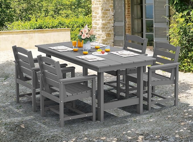 SERWALL Modern Patio Dining Set, 5-Piece Rectangular HDPE Dining Table with Umbrella Hole & 4 Chairs, Grey - Image 7