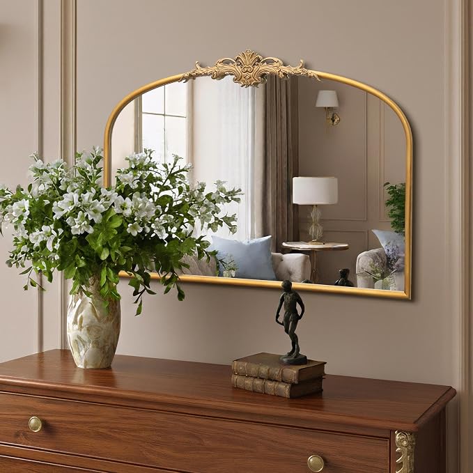 Besdomus Antique Arched Gold Mirror: 32"x24" French Large Gleaming Gold Antique Wall Mounted Mirror - Baroque Traditional Ornate for Fireplace/Bathroom/Bedroom - Wall Decor for Homemakers - Image 2