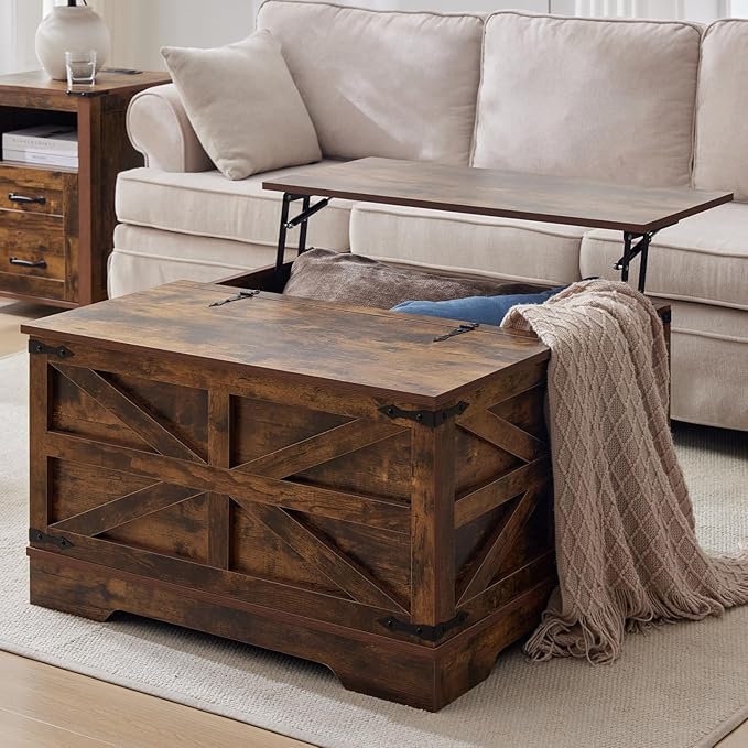 Brown Coffee Table with Storage, Cocktail Table with Hinged Lift Top, Farmhouse Square Wood Center Table with Large Hidden Storage Compartment for Living Room, Square Coffee Table, Metal Edges Decor
