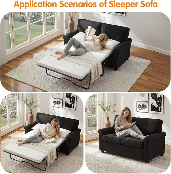 57" Pull Out Sofa Bed with Mattress, Convertible Sofa Bed Loveseat, Twin Sleeper Sofa Couch with Pocketed Coil Seating, Upholstered Fabric Sofa Bed for Small Spaces,Black | sofa bed, futon sofa bed, sofa bed couch, Sleeper Sofa, pull out sofa bed