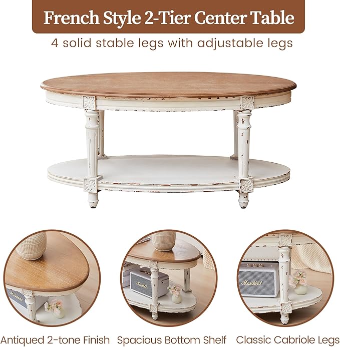 BERRYMERRY 39" French Country Two Tone Oval Coffee Table,Chipped White Vintage 2 Tier Center Table with Storage for Living Room Office,Tool-Free Assembly (White)
