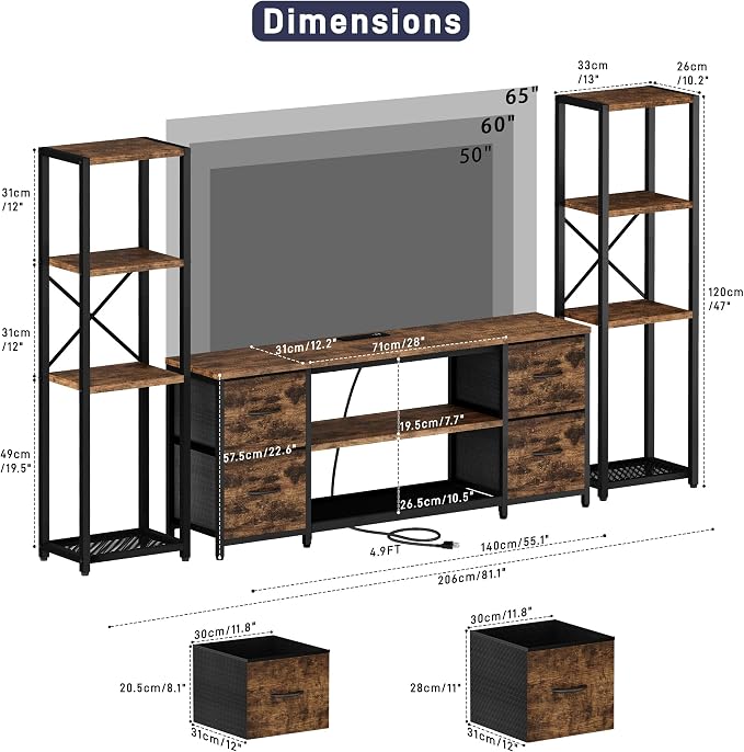 LED TV Stand Bookshelf Combo with Charging Station for 65 60 55 Inch TV, Entertainment Center with Lights & Drawers, Industrial Media TV Console Table for Living Room Bedroom Office, Rustic Brown - Image 2