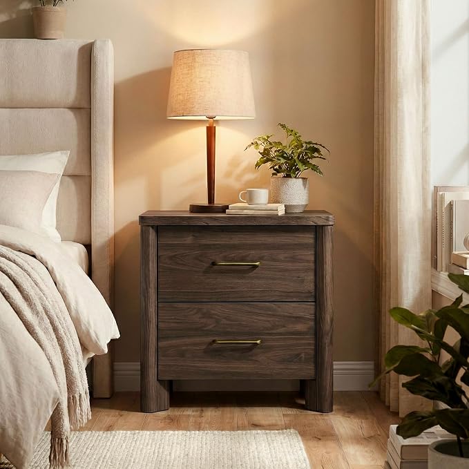 24/7 Shop at Home Sawer Modern 23-inch Wood Nightstand with 2 Drawers and USB Ports, Wooden Night Stand for Bedroom, Apartment, Small Bedside Table, Walnut by 247SHOPATHOME