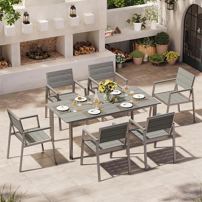 67" Rectangle HDPS Patio Dining Table, Aluminum Outdoor Patio Dining Table with Umbrella Hole, Weather-Resistant for Lawn, Garden, Yard, Poolside and Indoor Use (Gray & Teak) - Image 5