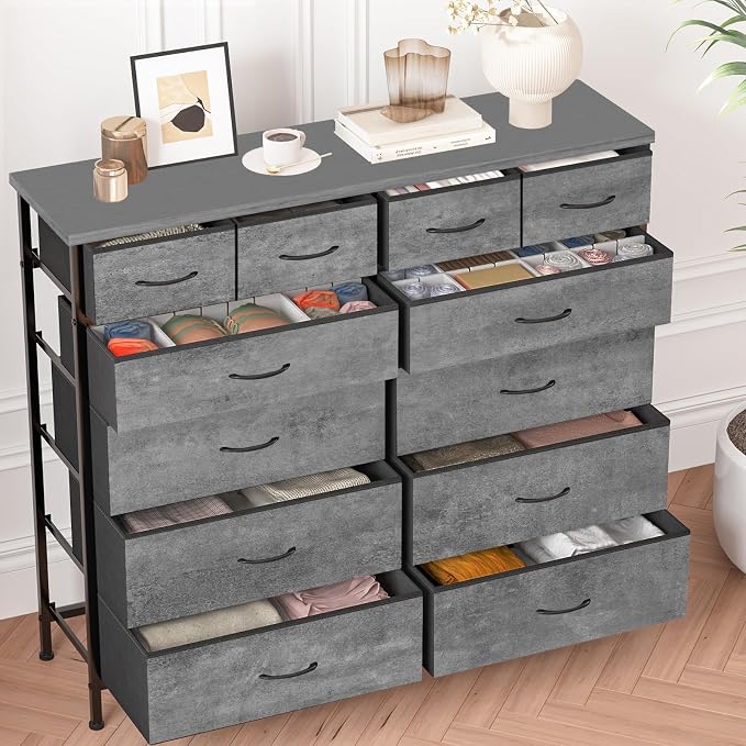 VASICAR Gray Dresser for Bedroom with 12 Deep Drawers, Wide Chest of Drawers, Wood Top TV Stand, Tall Fabric Storage Cabinet for Closet, Nursery, Kid's Room - Image 7