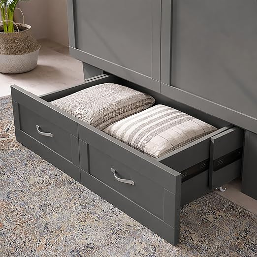 AFI, Chelsea Mid-Century Modern Full Wood Murphy Bed Chest with 6" Mattress, Storage Drawer & Built-in USB Charger, Grey
