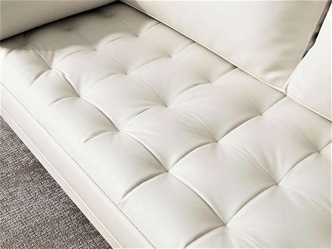 Womble Mid Century Modern Couch with Bolster Pillows, PU Leather Upholstered Tufted Seat, Versatile Retro Design for Comfortable Living Spaces, Loveseat, Sofa, Sleek White