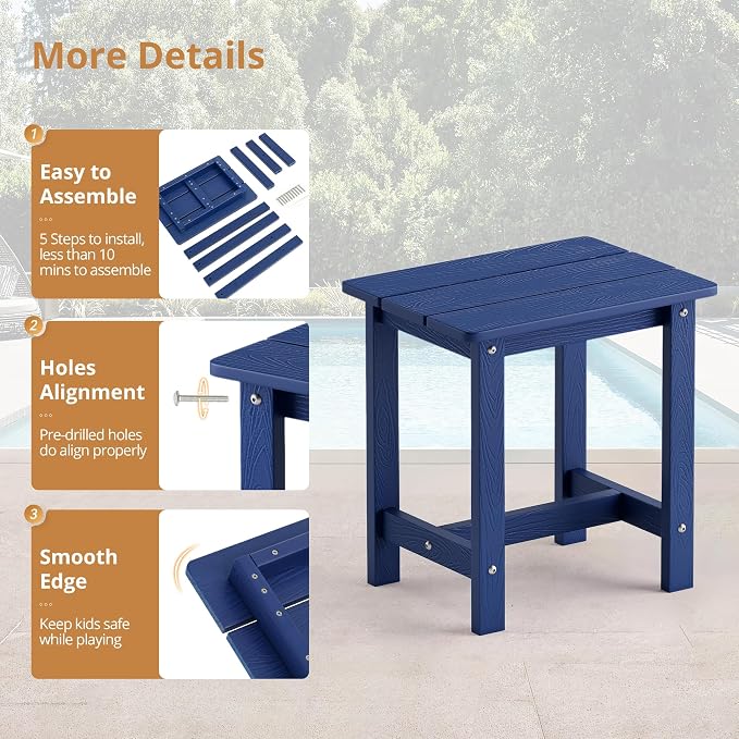 LUE BONA Outdoor Side Table Set of 2, HDPS Small Outdoor Table, Adirondack Side Table, Outside End Table for Patio, Porch, Deck, Pool, Weather Resistant/Easy Maintenance/Indoor or Outside Use, Navy - Image 6